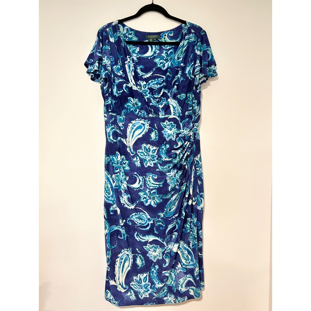 Lauren Ralph Lauren Blue Paisley Flutter Sleeve Ruched Sheath Dress 18W RN41381